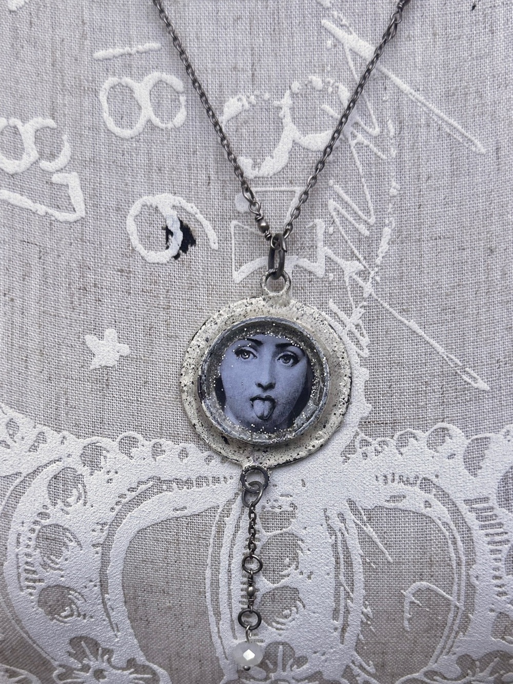 Hand Crafted Cream and Black Round Playful Portrait Pendant Necklace - Picture 2 of 6